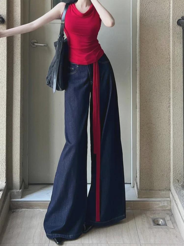 Kadın Yüksek Bel Retro Geniş Paça Kot Pantolon - Yazlık, Bol Kesim, Yer Boyu