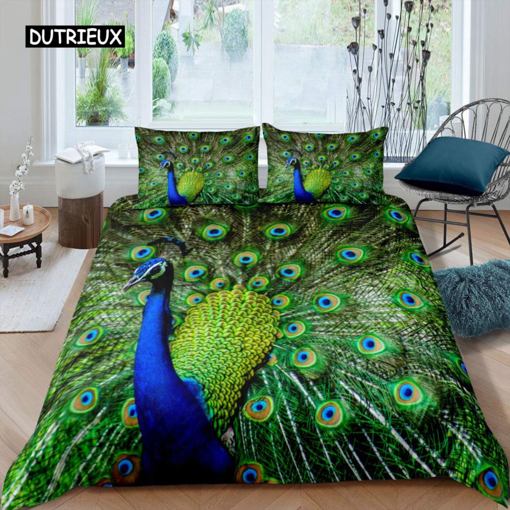 Juego de Funda Nórdica de Pavo Real Microfibra Preciosa Pluma Azul Funda de Edredón Flor Rosa Suave 2/3 Piezas Aves Tema Animal Funda de Edredón