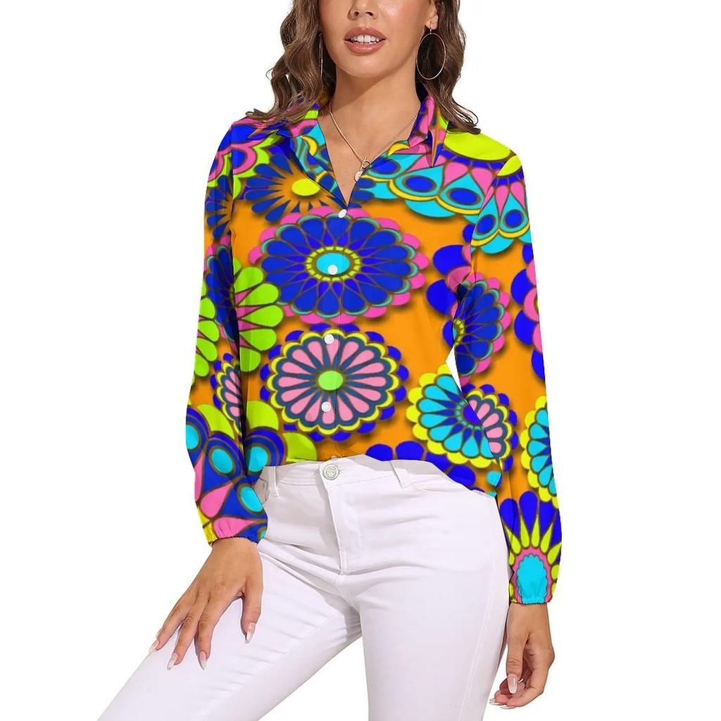 Helle Flower Power Bluse Retro Hippie Blumen Trendige Bedruckte Blusen Damen Langarm Freizeithemden Frühling Übergroße Kleidung