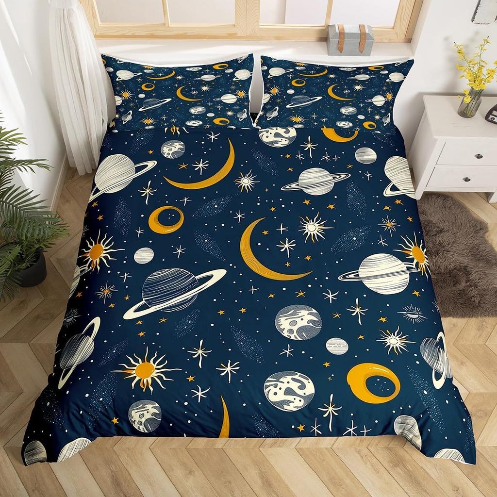 Space Themed Bedding Set Galaxy Outer Space Duvet Cover Set Full Queen For Boys Girls Earth Planets Moon Stars Comforter Cover