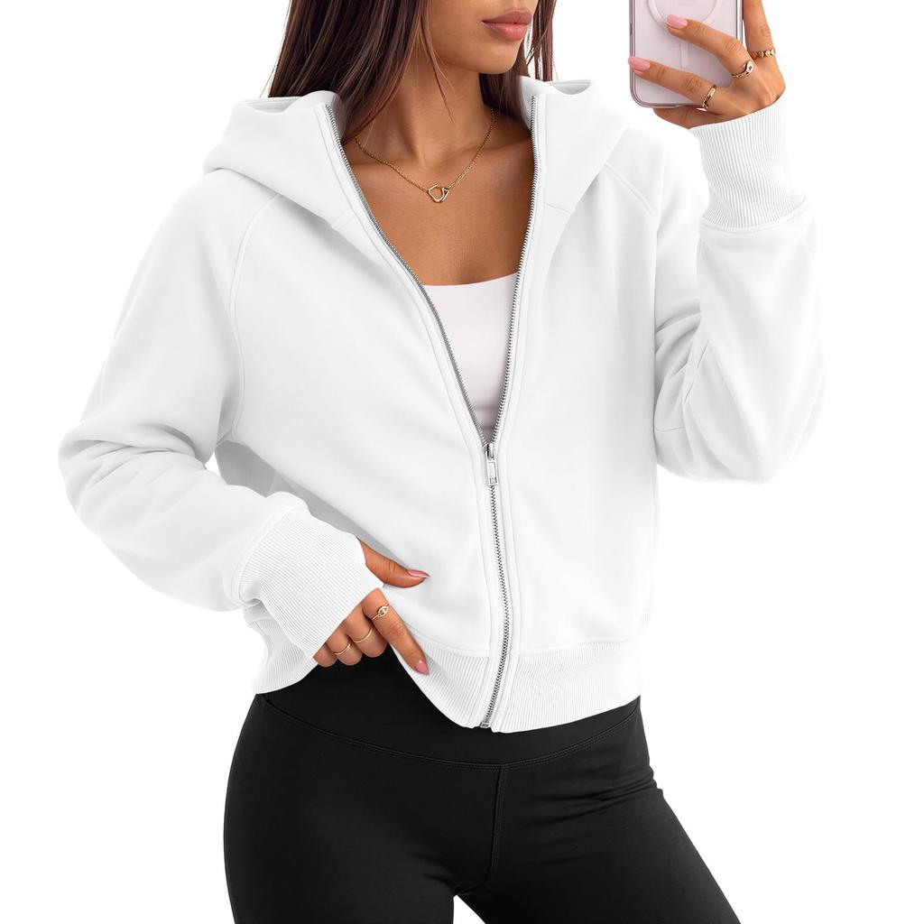 Women's Fashion Cropped Zip-Up Hooded Sweatshirt Jacket with Long Sleeves for Casual Wear