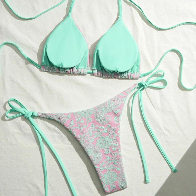 Women's Bikini Split Printed Push Up Bra Tie Side Thong Swimwear Fashion Mesh Patchwork Triangle Lace-up Thong Bathing Suits