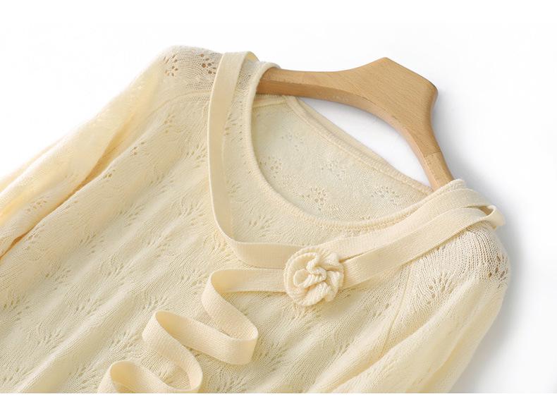 Korean Sweet Style 3D Floral Ribbon Wool Knit Top with Hollow Long Sleeves