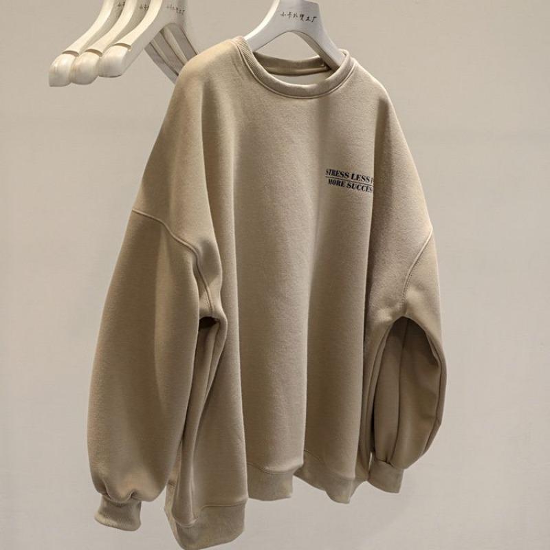 

Осенне-зимний бархатный утолщенный свитшот с круглым вырезом и принтом, женский простой свободный топ L хаки