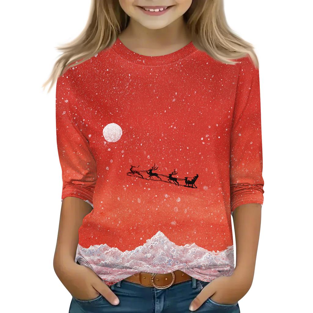 Christmas Day Print Tops For Youth Girls 4-11 Years Round Neck 3/4 Sleeves T-Shirts Trendy Tops Outfit Tees