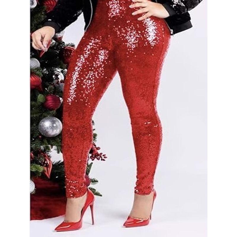 

Export Single F Home High Waist Christmas Party Aura Sexy Red Paillette Shiny Zipper Split Calf Pants Women Red Sequin S