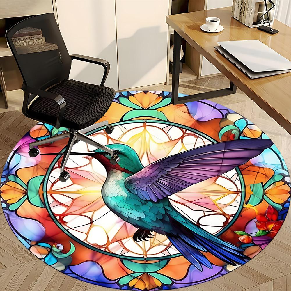 1pc Hummingbird StainedGlass Office Round Area Rug, Under Office Chairs Bedroom Living Room Home Decor, Room Deco