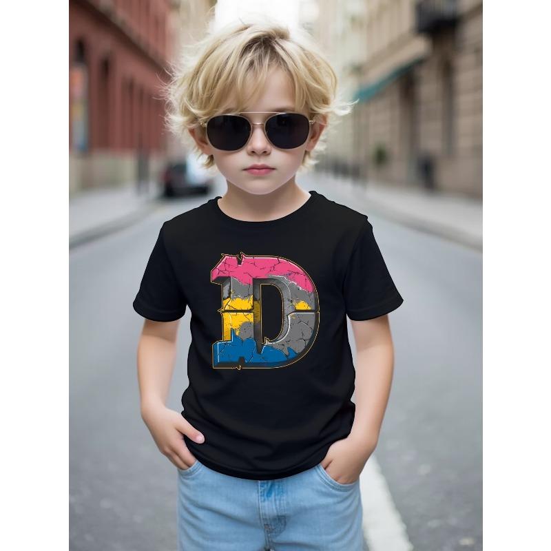 

European Size Boys Round Neck Short Sleeved T Shirt D Letter Series Pattern 98cm чёрный