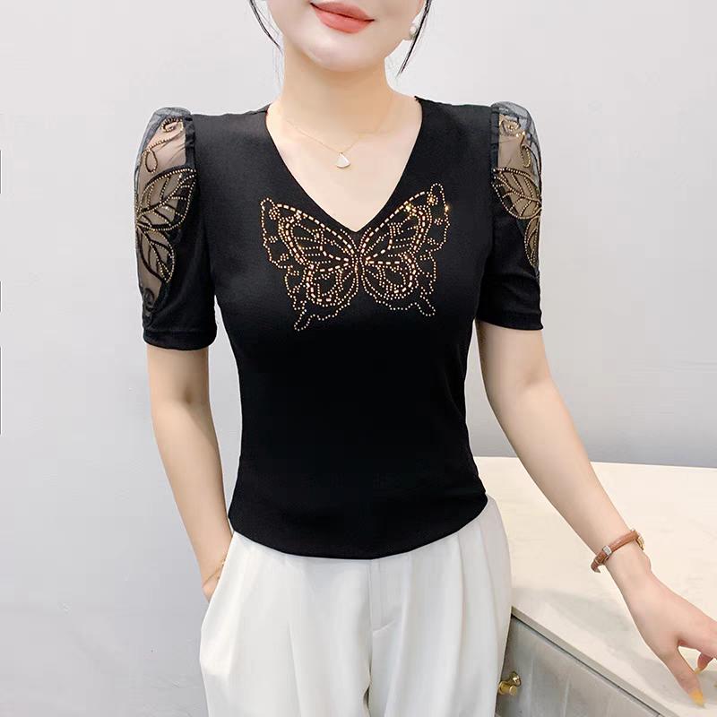 New European Clothes Women's Summer Rhinestone Butterfly T-Shirt Sexy V-Neck Casual Tees Puff Sleeve Tops