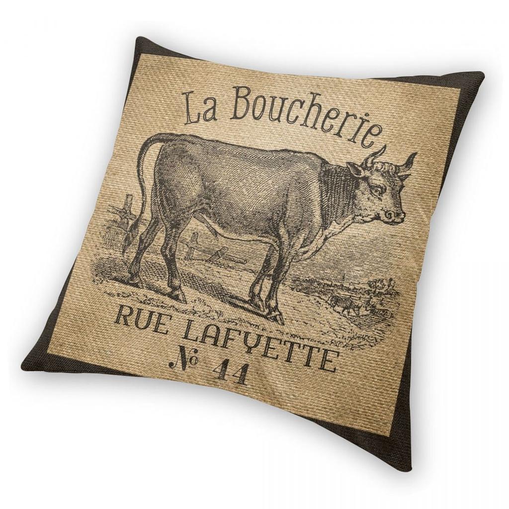Vaca Publicidad Francesa Funda de Almohada de Arpillera Poliéster Lino Terciopelo Estampado Cremallera Decorativa Funda de Cojín Decorativo Funda de Cojín para Habitación 45x45