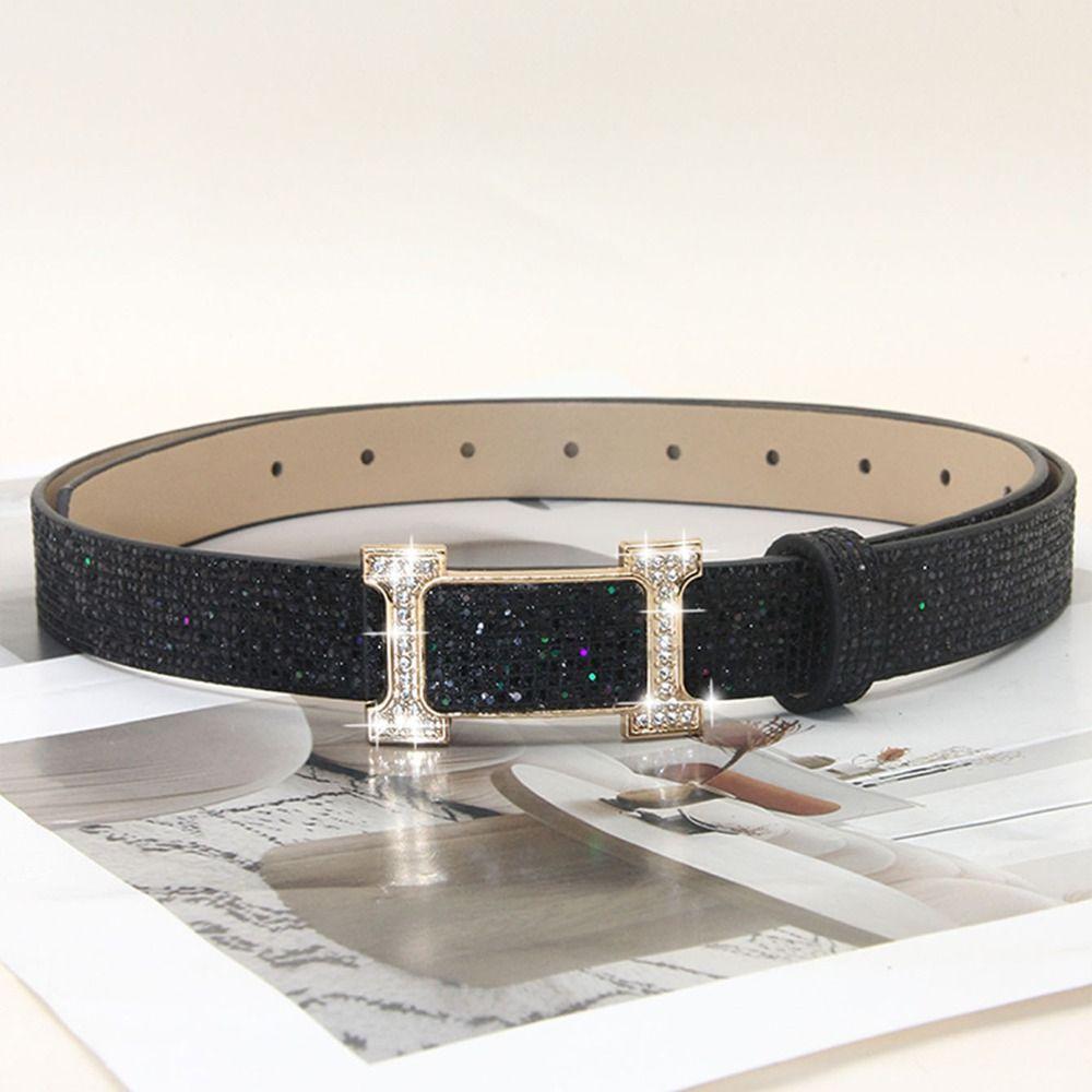 Glitter PU Leather Belt Bling Bling Slide Buckle Belt Vintage Trendy Waistband  Women