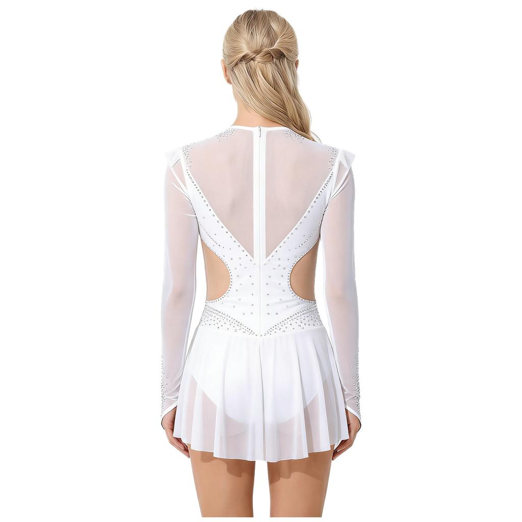 Dámský síťovaný trikot s kamínky Dlouhý rukáv Volánkové lemy Síťovaná sukně Body Šaty Jumpsuit pro krasobruslení