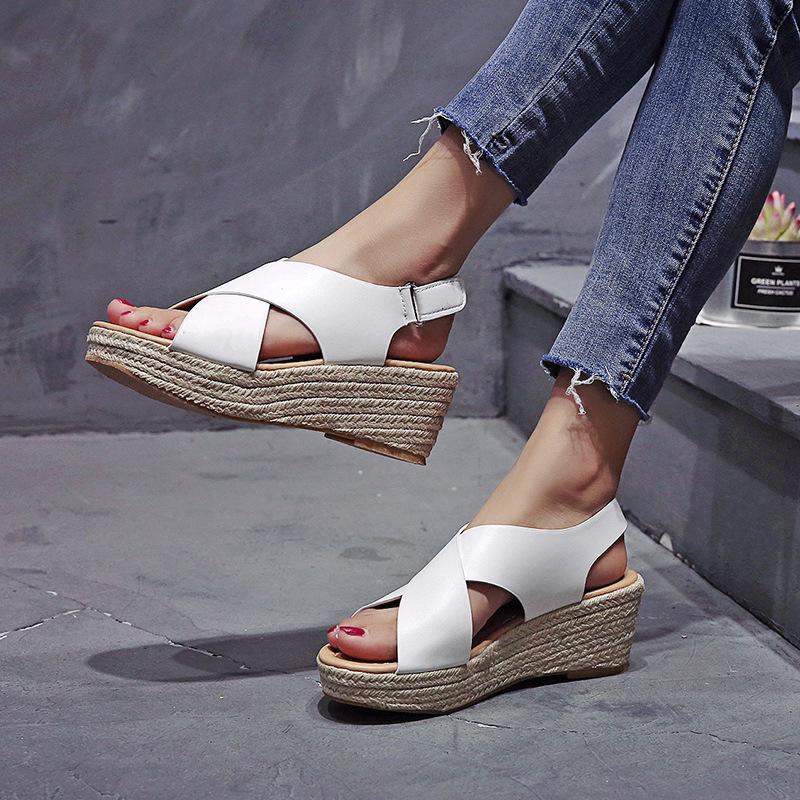European and American foreign trade large size fashion summer sandals round head lightweight Velcro rubber sole hemp rope sole cross sandals