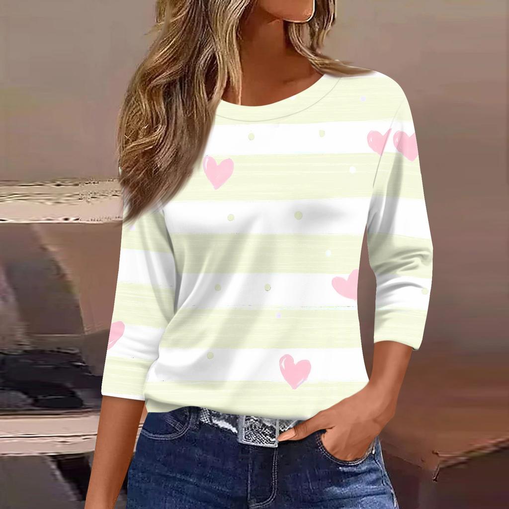 Damen Modisches Lässiges Dreiviertelarm Bedrucktes Rundhals-Top