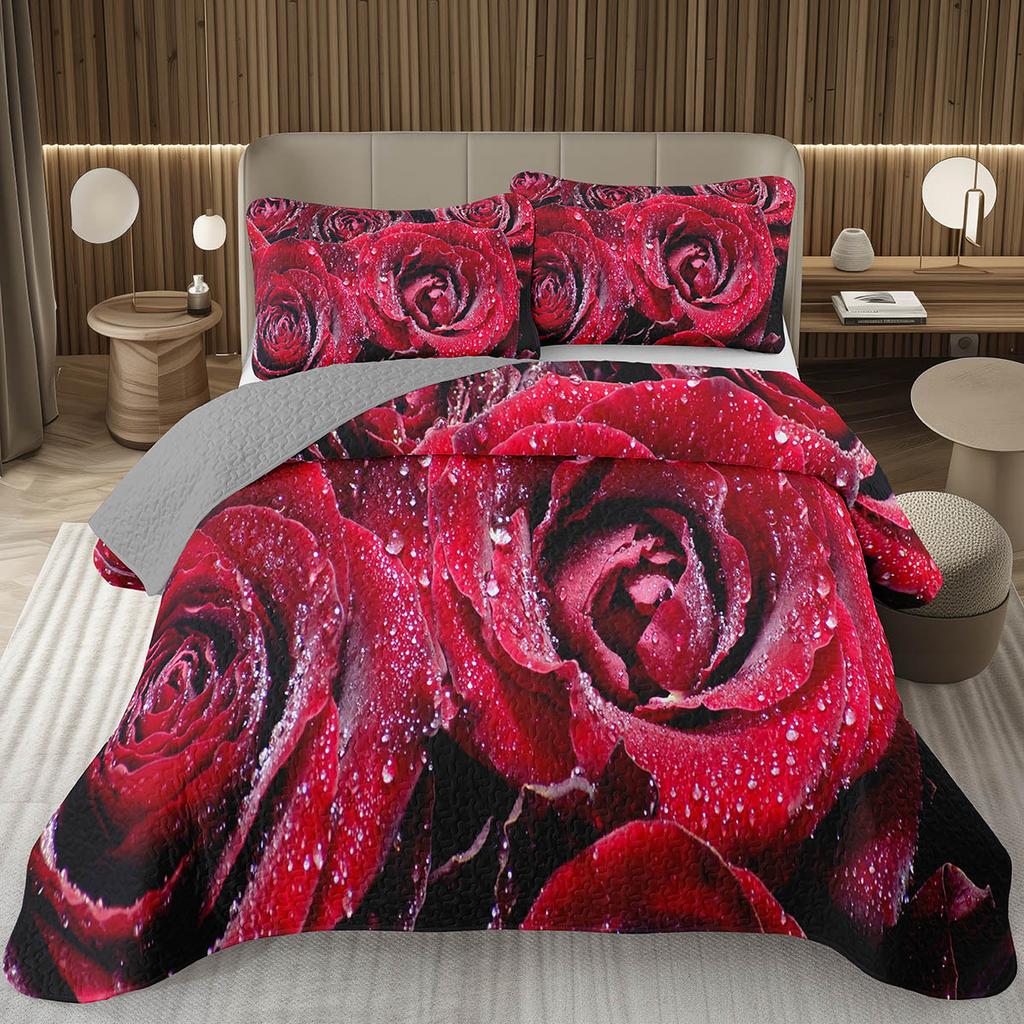 Romantic Rose Bedspread Queen/King/Twin Botanical Floral Coverlet Valentine's Day Quilted Bedding Set for Girls Women Room Decor