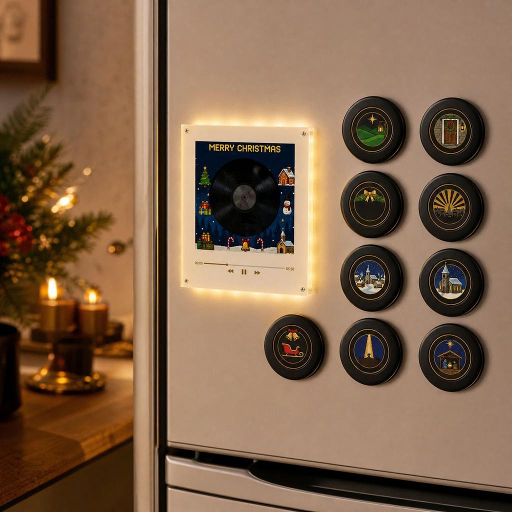 Christmas Rotating Disc Night Light with -Activated Music, Acrylic Refrigerator Ornament for Holiday Decor