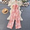 Spring and Summer New Holiday Travel Hot Street Tie-Dye Sling Fashion Chiffon Drape Halter Wide Leg One-Piece Long Pants
