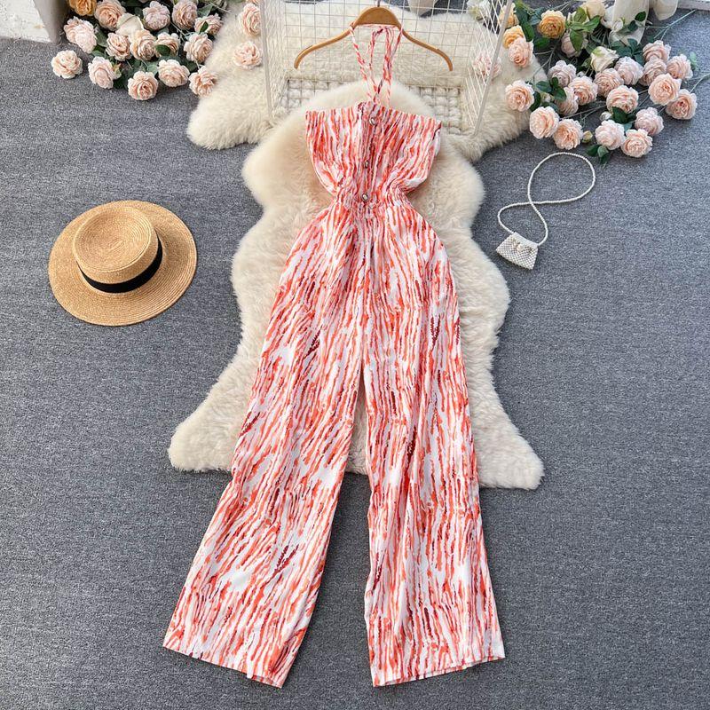 Spring and Summer New Holiday Travel Hot Street Tie-Dye Sling Fashion Chiffon Drape Halter Wide Leg One-Piece Long Pants