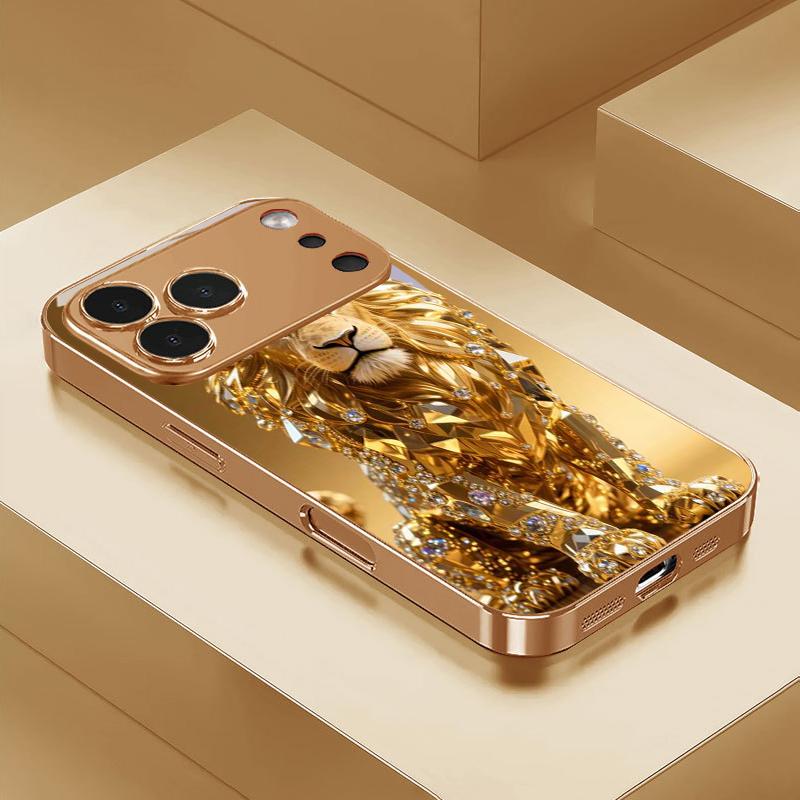 Jeweled Gold Lion Electroplated Golden Phone Case For iPhone 17Air 17 16 15 14 13 12 11 Pro Max Plus 16E XR 7 8 Xs X Glass Cover