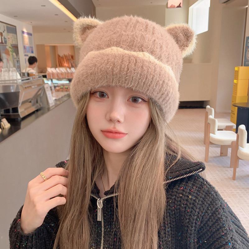 

Knitted Hat For Women Winter Warmth Breathable Windproof With Cute Ear Design For Casual Wear Caramel