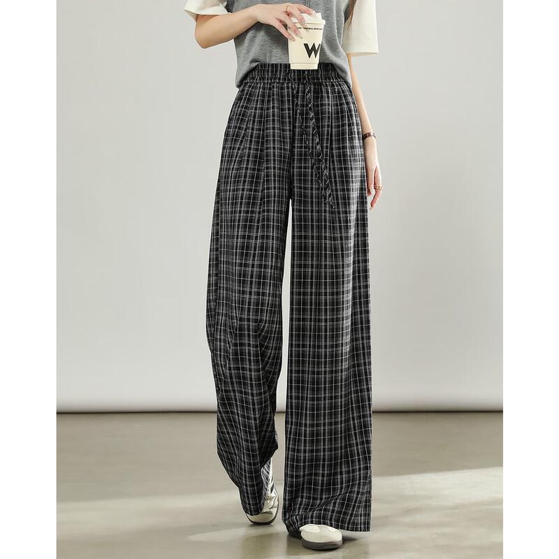TERRE BLEUE Women's Plaid High-Waist Loose Straight-Leg Pants