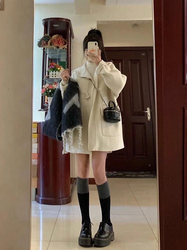 Herbst Winter Lose Elegante Wollmantel Frauen Französisch Horn Schnalle Retro Wollmantel Neue Koreanische Mode-Design Casual Kleidung