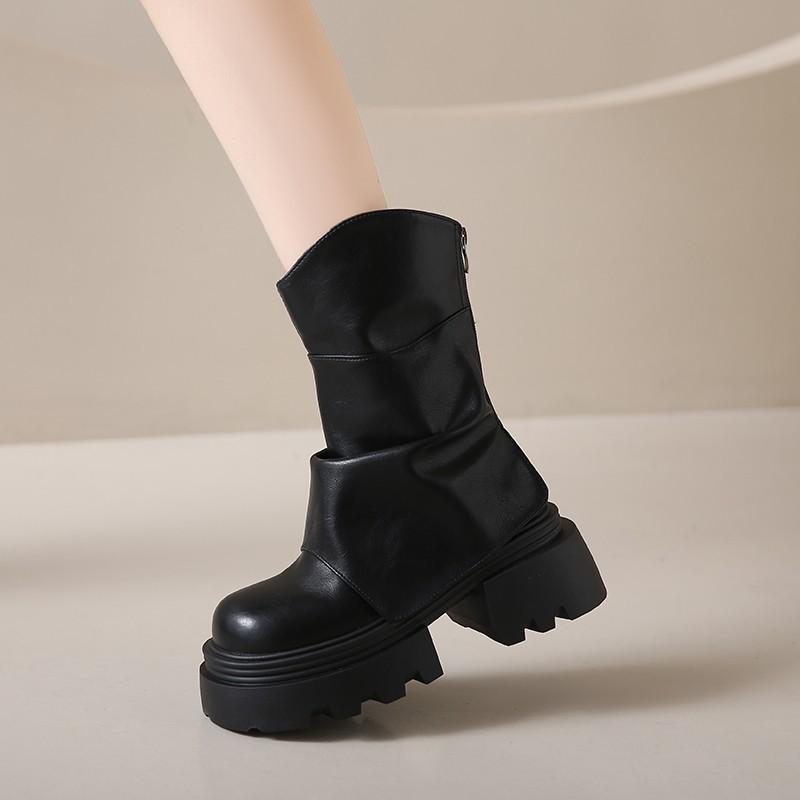 [Fanfna] Brown Maillard Platform Martin Boots Women's 2025 Autumn Short Boots Heightening Pile Pants Tube Boots