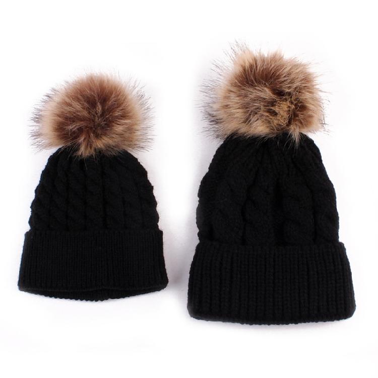 Pom Pom Hat in Matching Style for Parent Children Knitted Caps in Solid Color