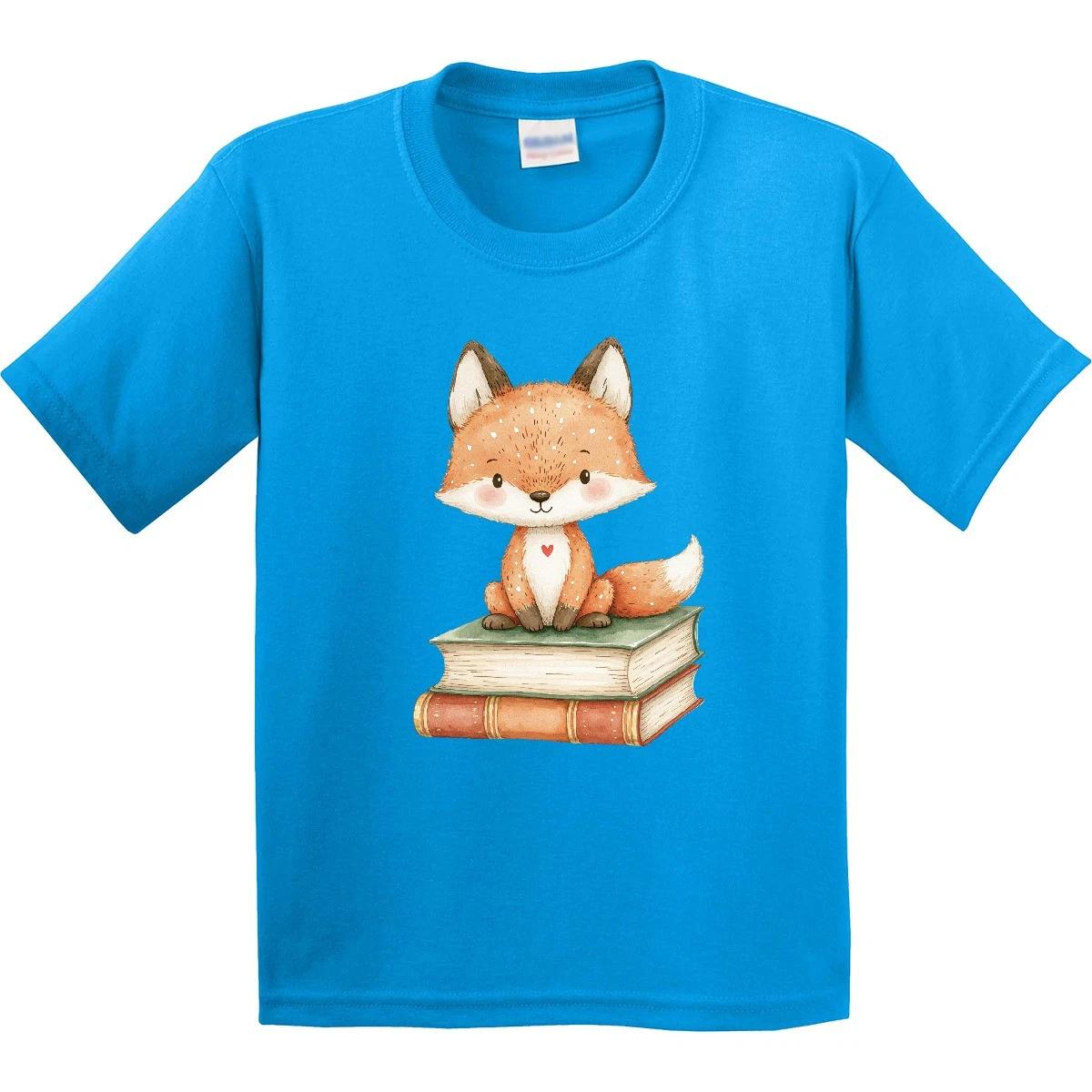 Inktastic Fox And Books Youth kids boys T-Shirt Woodland Boho Reading Cute Tee Kids Child 140