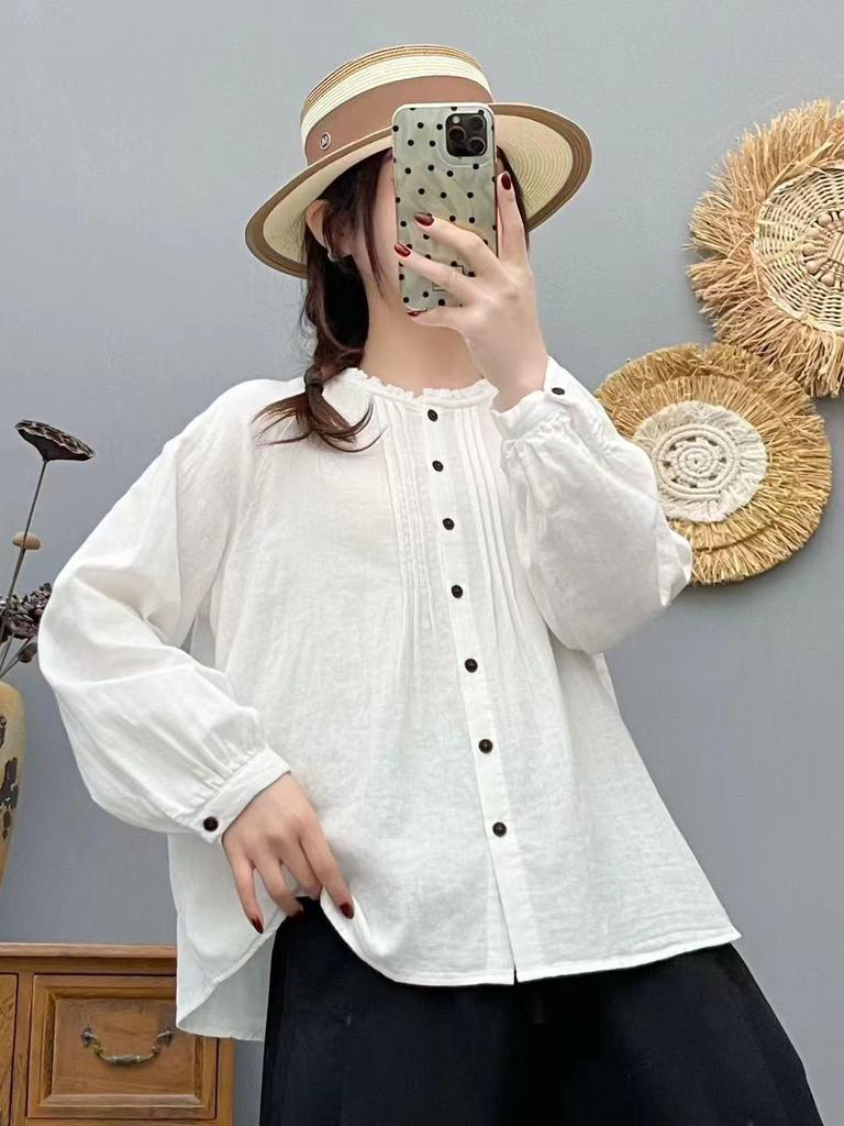 2026 Spring Artistic Pleated Button-Up Cotton Gauze Shirt - Women's Casual Long-Sleeve Top