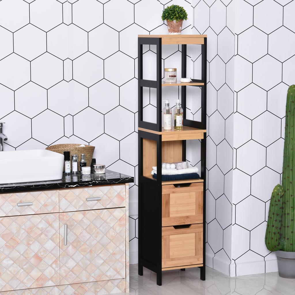 Bathroom Storage Column Cabinet Cozy Style Dim. 30L X 30W X 144H Cm 3 Shelves 2 Drawers Bamboo Black