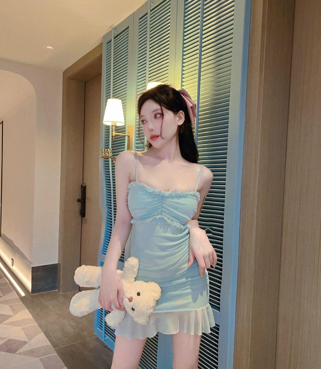 

Summer pure desire wind mesh ruffle leaf edge suspender with chest pad dress women s small buttocks Spice girl slim skirt S светло-зеленый