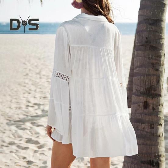Beach Bikini Cover Up Shirt Lapel Flared Long Sleeve Single Breasted Swimsuit Coat Hollow Out Women Mid-length Shirt