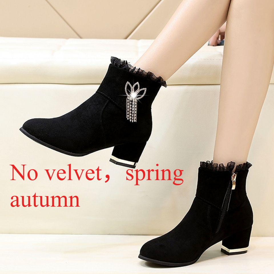 Fashion Rhinestone Woman Short Shoes Suede Chunky Heel Fashion  Booties