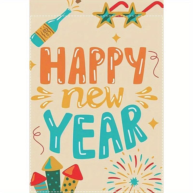 1 Happy New Year Firework Print Garden Flag, , Double-Sided Polyester, Vertical Burlap Banner for Yard, Lawn, Front Door, Porch Holiday Outdoor Decor