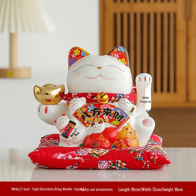 Electric Waving Lucky Cat Ceramic Ornament for Home, Living Room, Shop, or Cashier Desk.