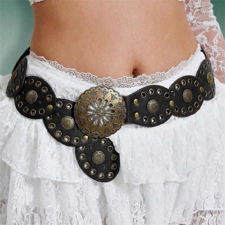 Comfortable Round Disk Waist Belt For Women PU Leather Strap With Ethnic Motifs Everyday Wear
