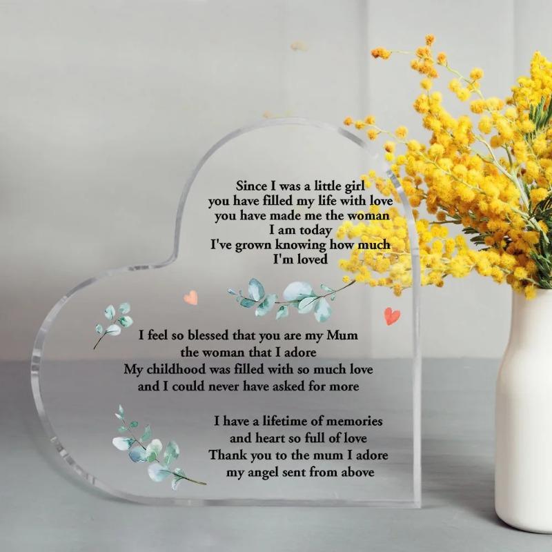 2D Flat Mom Gift Acrylic Heart Desktop Decoration Plaque, Home Decor Plaque Hanging Wall Art Decorative Garden Decoration for Room Door Signs Hanging