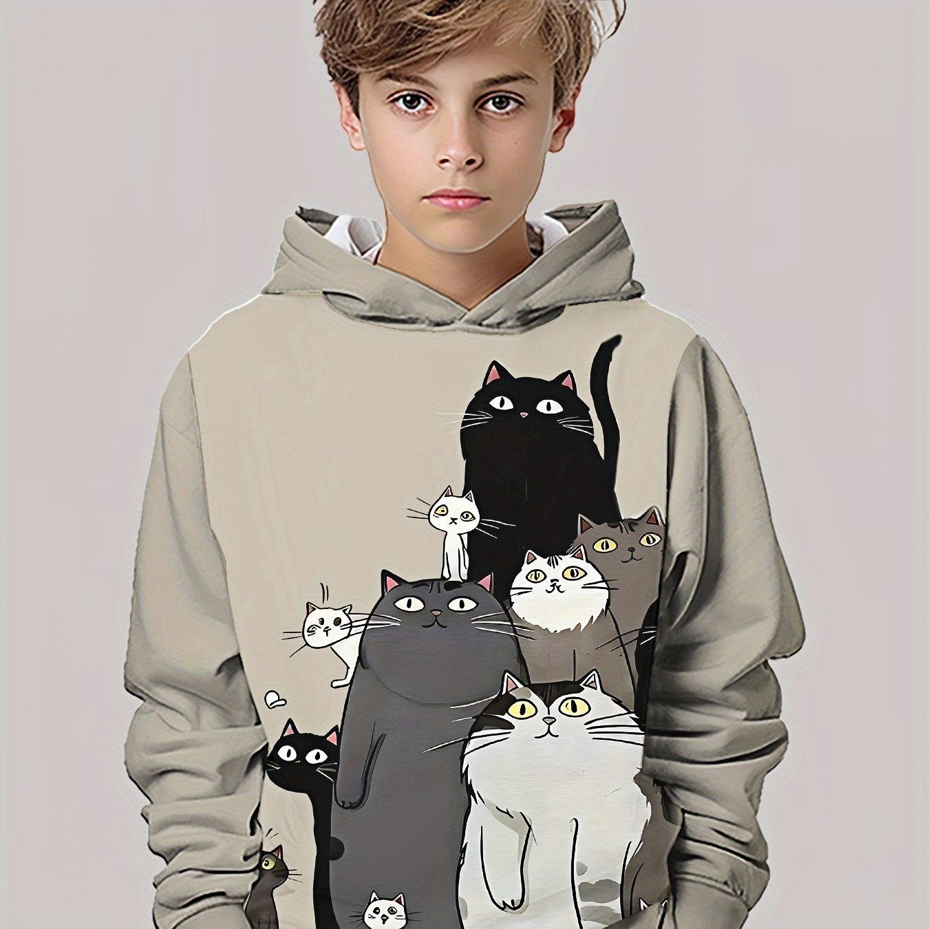 

Boys Hoodie - Beige Cat Party Hoodie, Long Sleeve Hooded Hoodie with Cute Cat Pattern 13-14Y