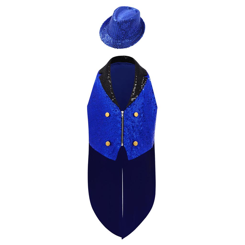 Kids Sequins Medieval Vest Victorian Tailcoat Lapel V Neck Front Zip Vest Solid Sequins Fedora Hat Circus Outfit
