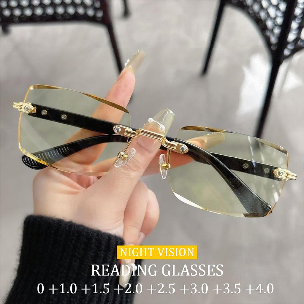 Yellow Lens Rimless Night Vision Reading Glasses High Definition Anti Blue Light Brightening Edge Cutting Glasses diopters +4.0