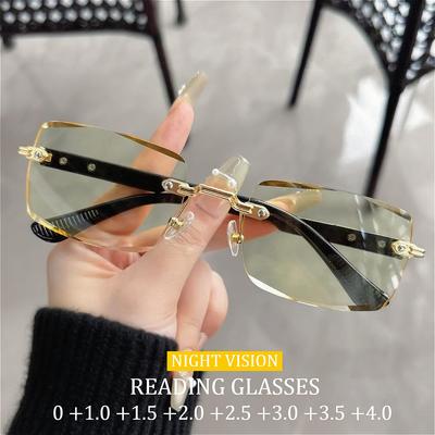 Gelbe randlose Nachtsicht-Lesebrille High Definition Anti-Blaulicht Aufhellender Rand geschliffene Gläser Dioptrien +4.0