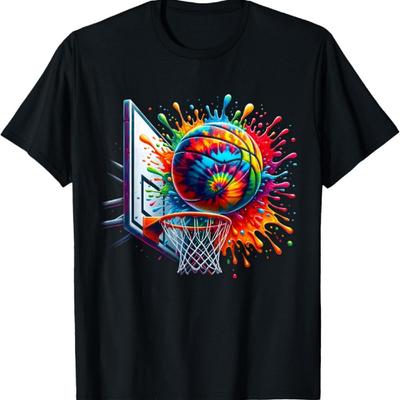 Buntes Basketball Tie-Dye Farbspritzer Basketballkorbnetz T-Shirt
