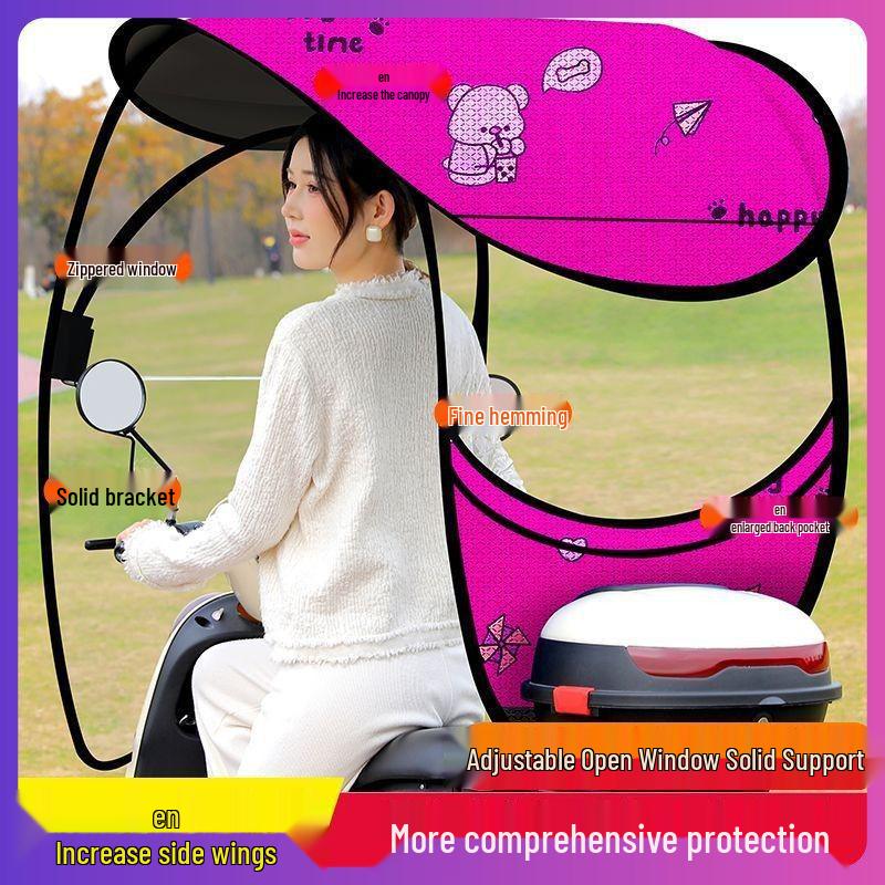 Detachable Electric Car & Motorcycle Umbrella: Rainproof & Windproof Sunshade Canopy with Quick Release, Cartoon Design