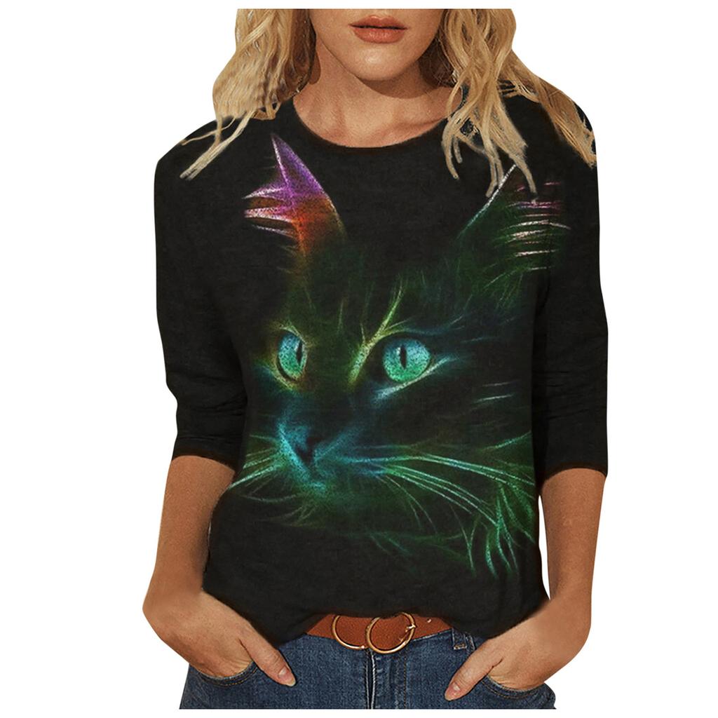 Women Casual Long Sleeve Cat printing  Shirt Blouse Top