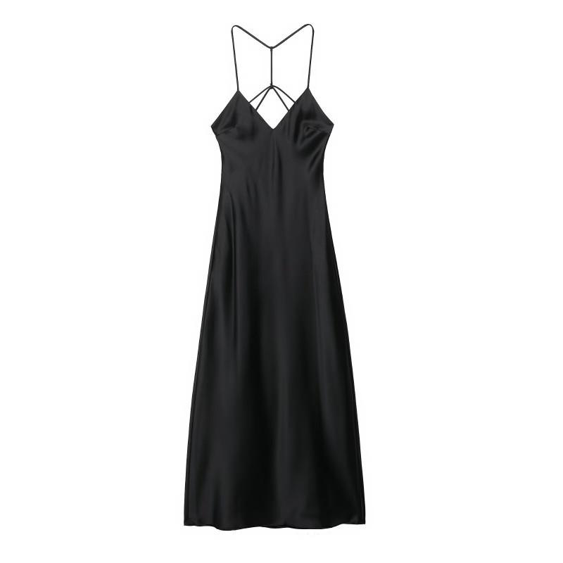 

European American Women s Clothing Summer Backless Silk Satin V-neck Long Suspender Dress XS чёрный