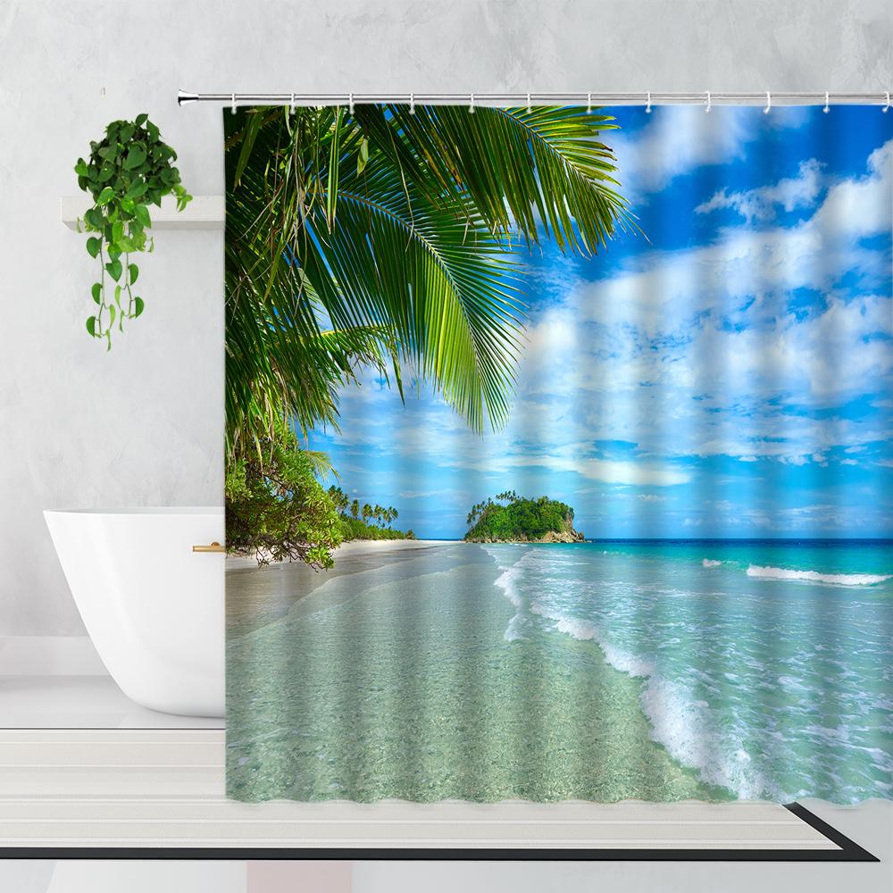 Palm Trees Beach Shower Curtains Sea Waves Island Vacation Hawaii Nature Scenery Summer Fabric Bathroom Decor Bath Curtain Hooks