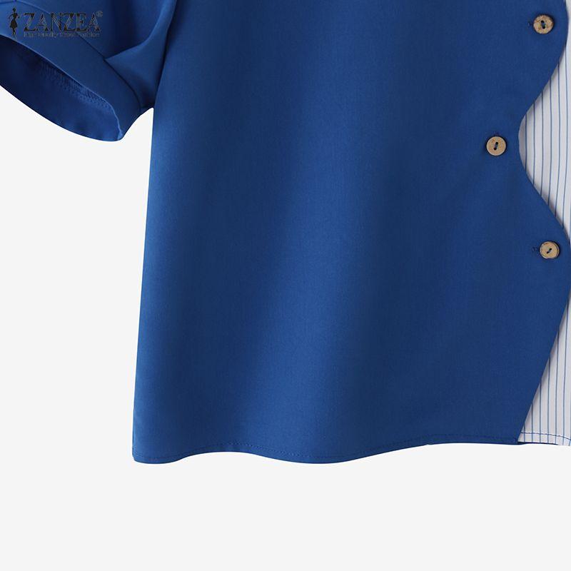 ZANZEA Women Casual Turn Down Collar Short Sleeve Stripe Patchwork Blouse