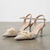 Damen Champagner Glitzer Hochzeitsschuhe Hohe Absätze mit Blumen-Perlen-Dekor Elegante Brautjungfern-Party-Schuhe Slingback-Heels