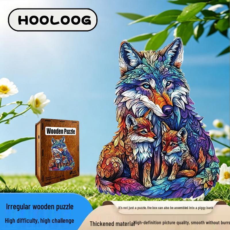 HOOLOOG Wolf Mother & Cub Wooden Jigsaw Puzzle: Irregular Interlocking Toy & Decorative Painting, Educational Gift & Money Box Combo